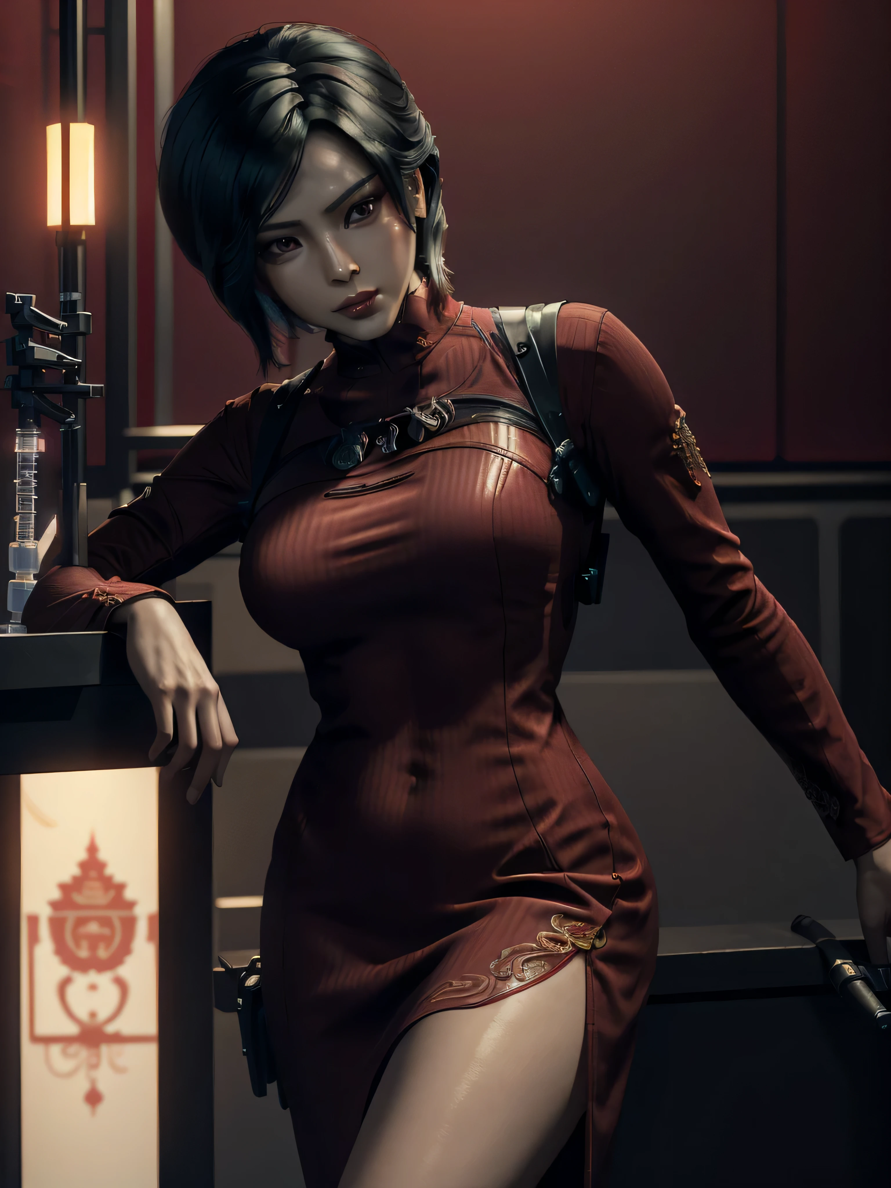 Arti anime moderne. vue en angle, pose héroïque, visage gros plan portrait d&#39;une beauté époustouflante (Ada Wong de Resident Evil:1.2) Dame courageuse et héroïque, Corps mince, (Robe longue qipao en soie rouge très ornée et détaillée:1.2), Talons hauts rouges, effet de flou de profondeur de champ, nuit, zoom complet, portrait d&#39;action, Photoréaliste. Éclairage cinématographique, très détaillé. Meilleure qualité, 4k, meilleure main, Anatomie parfaite, effets de raccourci, timide, affectueux, sexy, expression concentrée, Chinois, (dans un laboratoire scientifique de haute technologie:1.3) (clinique intérieur blanc:1.2) (seul:2) (prudent:1.2) (dark nuit time:1.5) (une tête:1.5) (une personne:2)