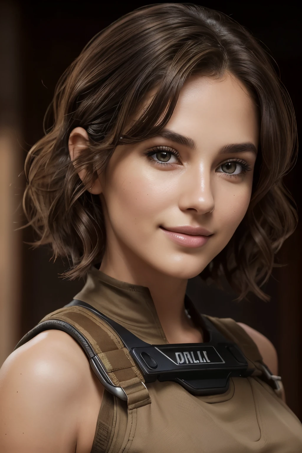 30 year old woman with brown hair and eyes, happy face, smile, cheerful, content, beautiful teeth ((tactical uniform, gun holster, agent, soldier)) beautiful lips, intricate details, shallow depth of field, highly detailed and high-budget, epic, beautiful, masterpiece, award-winning, professional, highly detailed, detailed skin texture, (blush: 0.5), (goosebumps: 0.5). (the most beautiful woman in the world) (brown hair) (short curly hair, unruly hair, stylish cut) thin face, thin nose, beautiful, very beautiful, perfect face, slender body (slender), (brown hair) (brown eyes) (white skin) Beautiful body, western face, predatory eyes, pink lips, thick thighs. full body, western beauty, thin nose, beautiful, perfect, ((best quality)), ((ultra resolution)), ((photorealistic: 1.4)), (intricate details), perfect face, makeup: 1.5 , clear face, facial details.