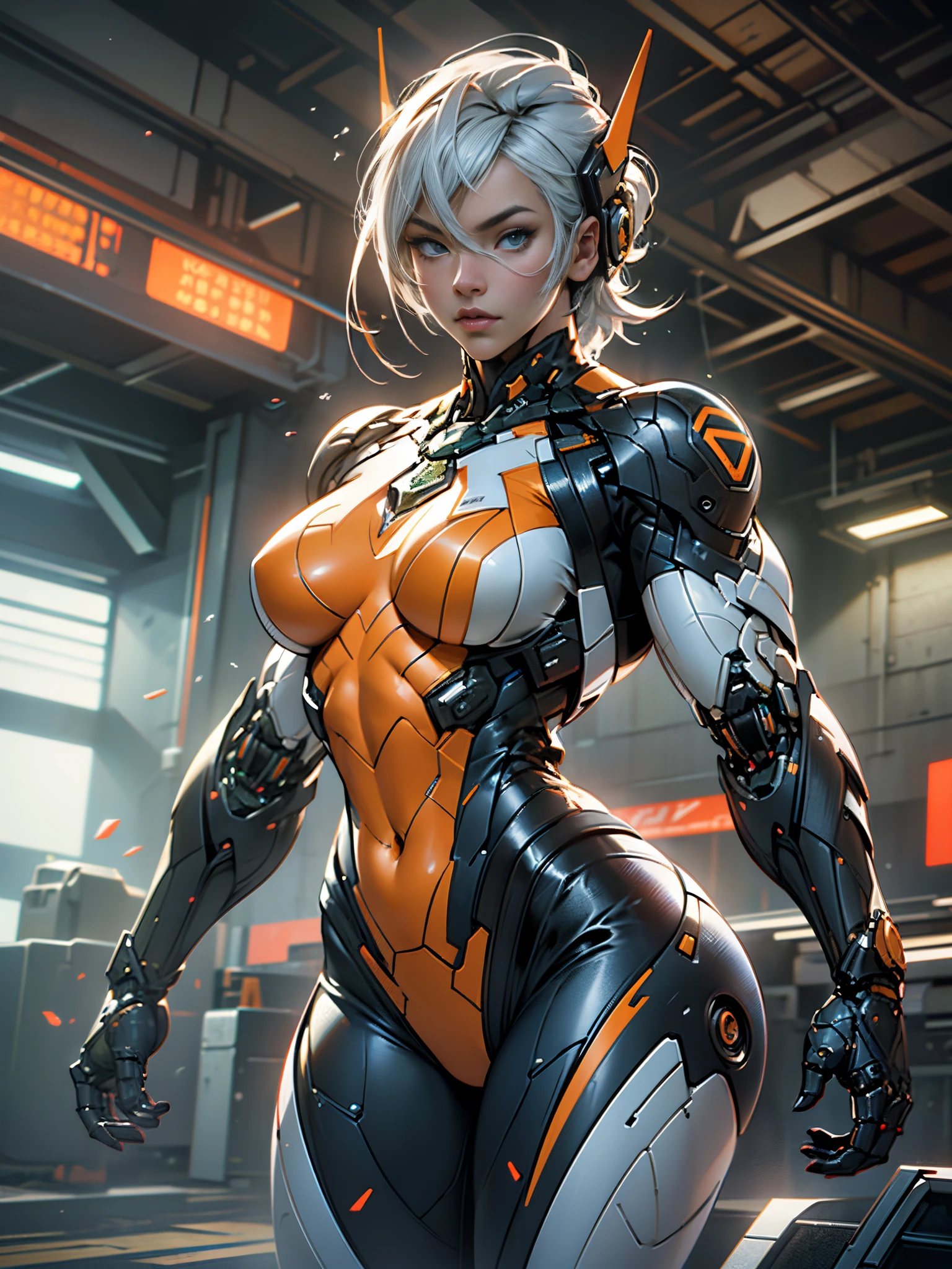 Cinematic, hyper-detailed, and insanely detailed, this artwork captures the essence of a bald hairless muscular female android girl. Beautiful color grading, enhancing the overall cinematic feel. Unreal Engine brings her anatomic cybernetic muscle suit to life, appearing even more mesmerizing. With the use of depth of field (DOF), every detail is focused and accentuated, drawing attention to her eyes and the intricate design of the anatomic cybernetic muscle suit . The image resolution is at its peak, utilizing super-resolution technology to ensure every pixel is perfect. Cinematic lighting enhances her aura, while anti-aliasing techniques like FXAA and TXAA keep the edges smooth and clean. Adding realism to the anatomic cybernetic muscle suit, RTX technology enables ray tracing. Additionally, SSAO (Screen Space Ambient Occlusion) gives depth and realism to the scene, the girl's anatomic cybernetic muscle suit become even more convincing. In the post-processing and post-production stages, tone mapping enhances the colors, creating a captivating visual experience. The integration of CGI (Computer-Generated Imagery) and VFX (Visual Effect brings out the anatomic cybernetic muscle suit's intricate features in a seamless manner. SFX (Sound Effects) complement the visual artistry, immersing the viewer further into this fantastic world. The level of detail is awe-inspiring, with intricate elements meticulously crafted, the artwork hyper maximalist and hyper-realistic. Volumetric effects add depth and dimension, and the photorealism is unparalleled. The image is rendered in 8K resolution, ensuring super-detailed visuals. The volumetric lightning adds a touch of magic, highlighting her beauty and the aura of her anatomic cybernetic muscle suit in an otherworldly way. High Dynamic Range (HDR) technology makes the colors pop, adding richness to the overall composition. Ultimately, this artwork presents an unreal portrayal of a super muscled cybernetic female android