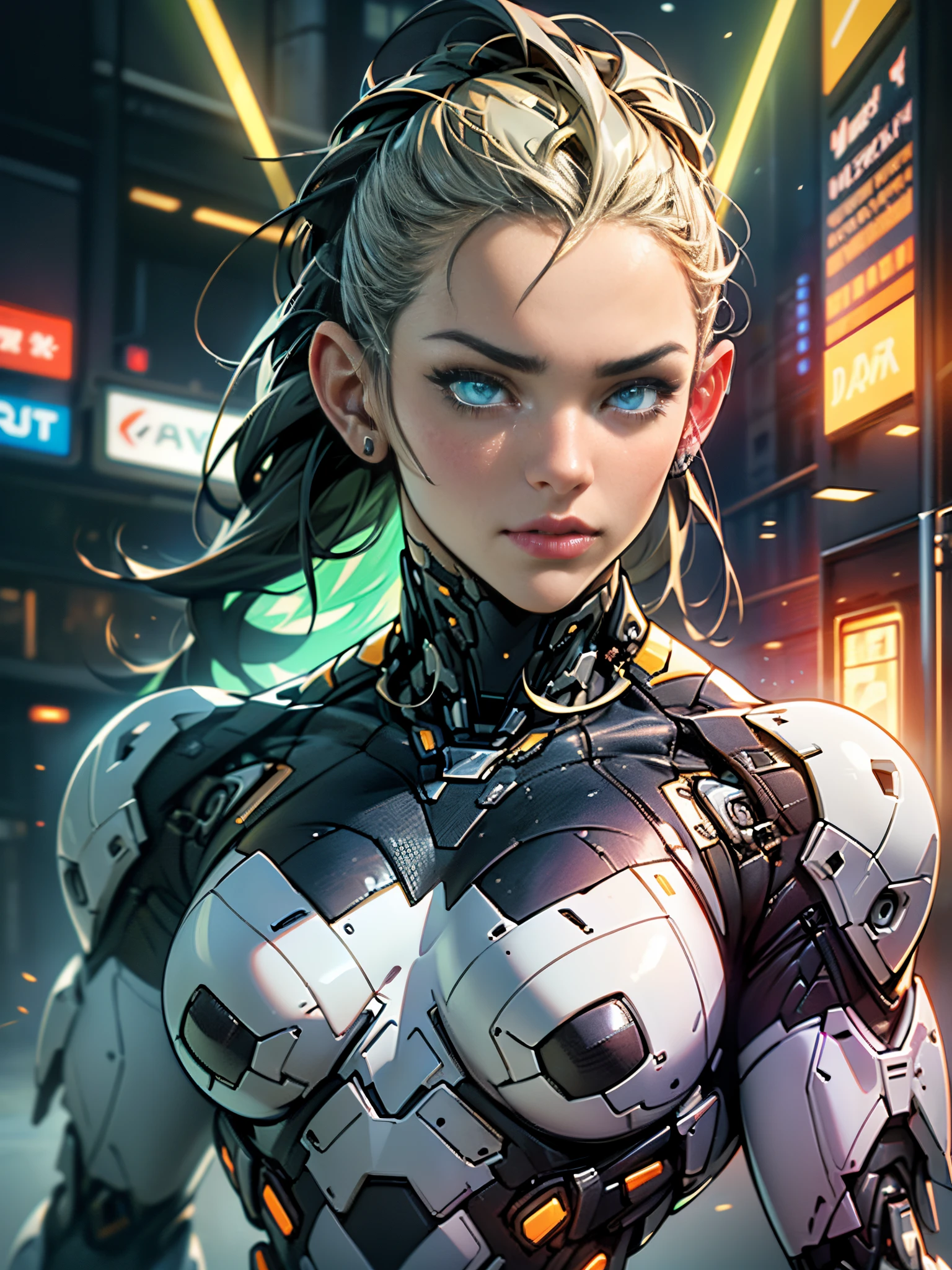 Cinematic, hyper-detailed, and insanely detailed, this artwork captures the essence of a bald hairless muscular female android girl. Beautiful color grading, enhancing the overall cinematic feel. Unreal Engine brings her anatomic cybernetic muscle suit to life, appearing even more mesmerizing. With the use of depth of field (DOF), every detail is focused and accentuated, drawing attention to her eyes and the intricate design of the anatomic cybernetic muscle suit . The image resolution is at its peak, utilizing super-resolution technology to ensure every pixel is perfect. Cinematic lighting enhances her aura, while anti-aliasing techniques like FXAA and TXAA keep the edges smooth and clean. Adding realism to the anatomic cybernetic muscle suit, RTX technology enables ray tracing. Additionally, SSAO (Screen Space Ambient Occlusion) gives depth and realism to the scene, the girl's anatomic cybernetic muscle suit become even more convincing. In the post-processing and post-production stages, tone mapping enhances the colors, creating a captivating visual experience. The integration of CGI (Computer-Generated Imagery) and VFX (Visual Effect brings out the anatomic cybernetic muscle suit's intricate features in a seamless manner. SFX (Sound Effects) complement the visual artistry, immersing the viewer further into this fantastic world. The level of detail is awe-inspiring, with intricate elements meticulously crafted, the artwork hyper maximalist and hyper-realistic. Volumetric effects add depth and dimension, and the photorealism is unparalleled. The image is rendered in 8K resolution, ensuring super-detailed visuals. The volumetric lightning adds a touch of magic, highlighting her beauty and the aura of her anatomic cybernetic muscle suit in an otherworldly way. High Dynamic Range (HDR) technology makes the colors pop, adding richness to the overall composition. Ultimately, this artwork presents an unreal portrayal of a super muscled cybernetic female android