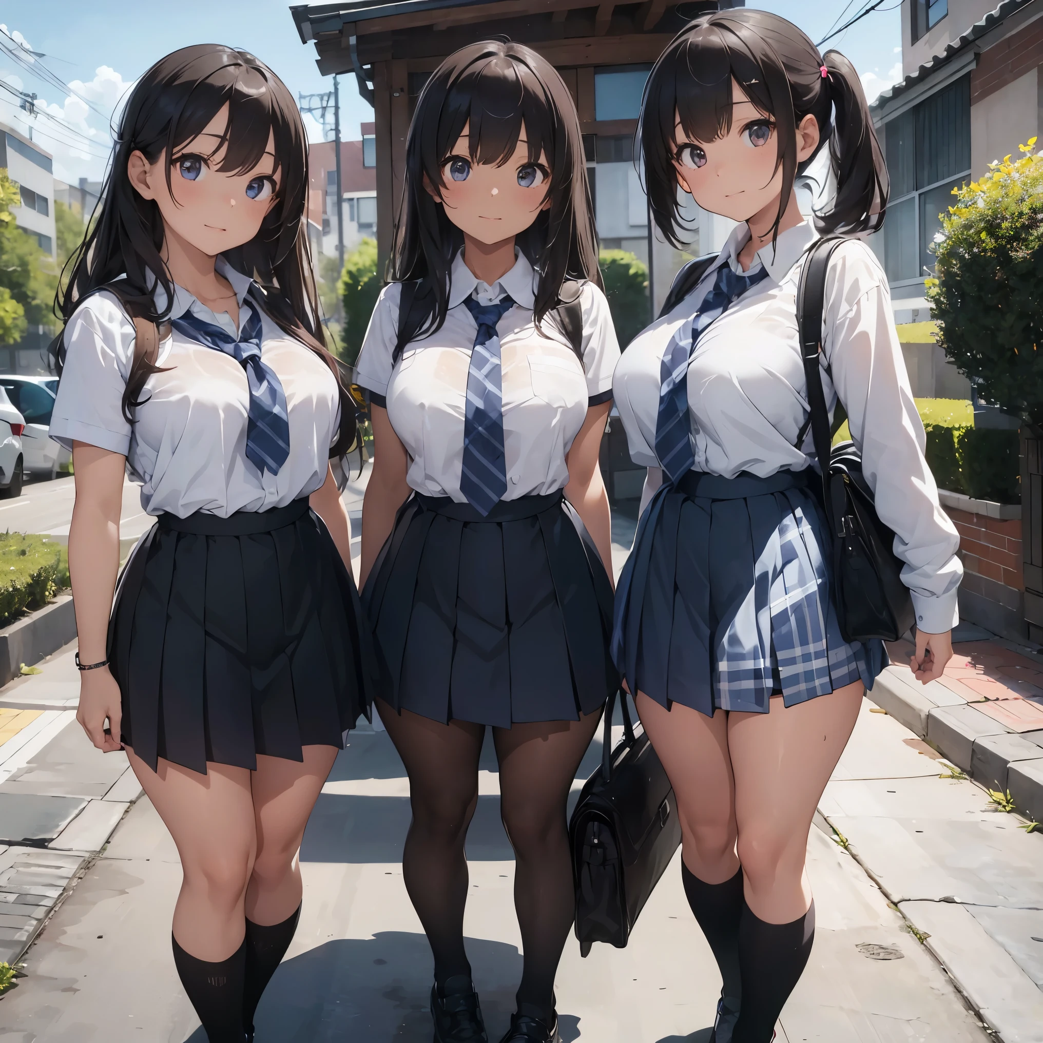 Three girls in school uniforms are posing for a picture - SeaArt AI