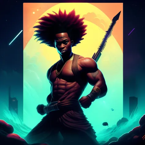 Create an image of a black ninja after an apocalypse in the future afro hair falling forward, Rasta type but braided,tiro de cor...