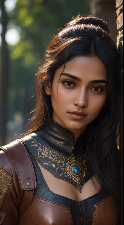 (young Indian girl, 18-year-old, (((wearing a medieval light leather outfit suitable for an assassin. Emphasize the sleekness of...