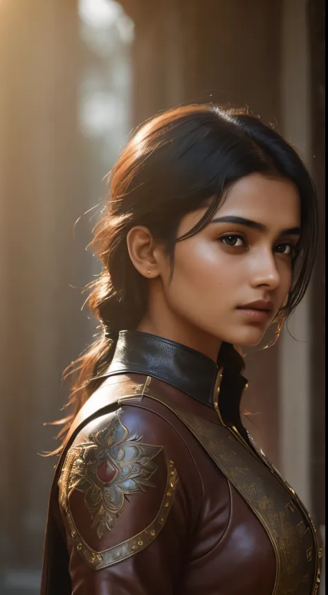 (young Indian girl, 18-year-old, (((wearing a medieval light leather outfit suitable for an assassin. Emphasize the sleekness of...