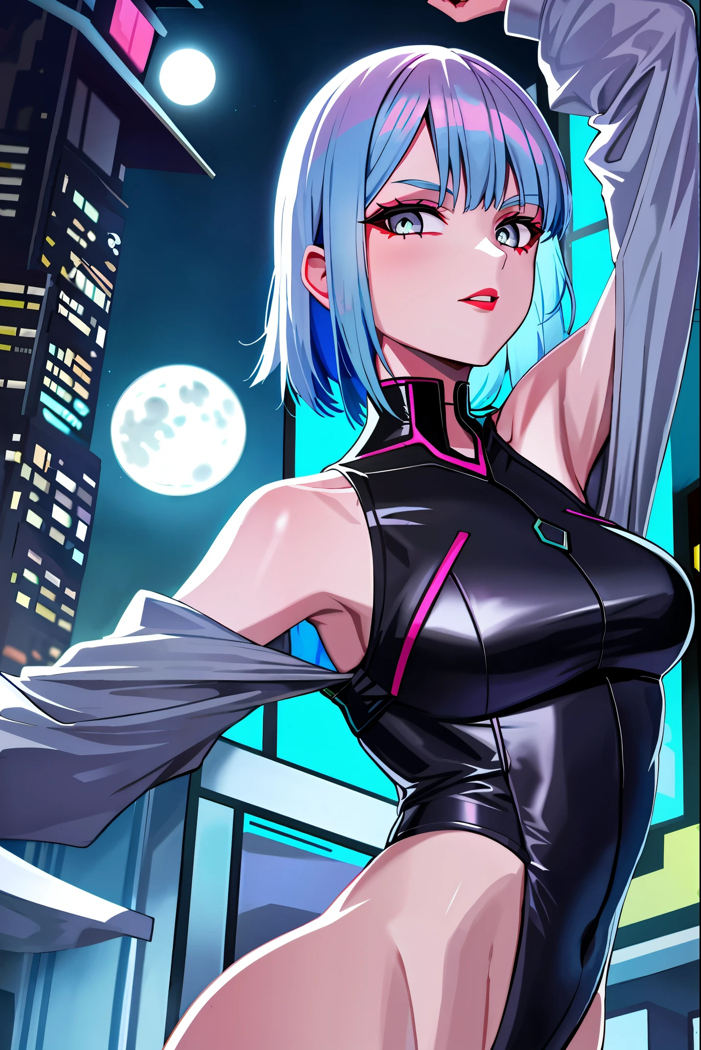 lucy \(cyberpunk\), 1girl, arm up, bangs, blue hair, colored tips, full moon, grey eyes, jacket, long sleeves, looking at viewer, medium hair, moon, multicolored hair, parted bangs, parted lips, pink hair, portrait, red eyeliner, red lips, solo, white jacket, cyberpunk \(series\), cyberpunk edgerunners