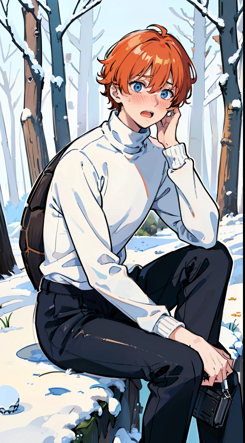 Anime boy sitting on a rock in the snow with a backpack - SeaArt AI