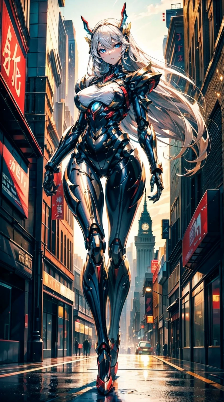 （A mechanical girl：1.9），（Beautuful Women：1.4），Tall guy，mature，The beautiful，Raised sexy，（Large chest），Plump breasts，Rounded buttocks，极度Raised sexy，完美的Mechanical body，（Mechanical body：1.erfect black and red mechanical armor：1.3），（The beautiful机械躯体：1.1），Slender robotic legs，Long blonde hair，Blue eyes，delicated face，The beautiful脸，（gentle expressions：1.8），high-heelsBeautuful Women，（high-heels：1.2），Paintings with characters as the main subject，Just the right lighting，Close-up of people，Best quality，Best quality at best，The most perfect detailust：2.0），Professional lighting，The beautiful双眼，The beautiful脸，The beautiful身体，Raised sexy的身体，White steel armor，CG perfeita，Beautiful painting，Delicate picture，City streets，the night，beautifully lit