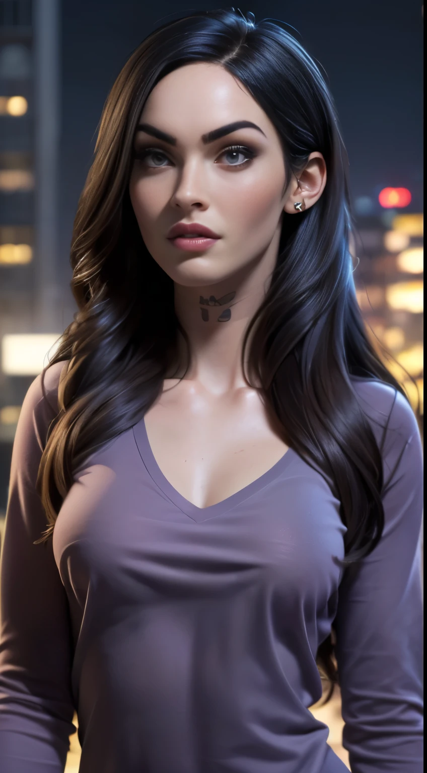 photo of Megan Fox, RAW, beautiful woman, ((portrait)), ((detailed face:1.2)), ((detailed facial feature, detailed skin, clear skin), (perfect proportioned body, average size breasts), (wearing a tight long sleeve v-neck shirt) (high detailed city environment, apartment balcony), (realistic photo, best quality, detailed), (8k wallpaper), (cinematic lighting, dramatic lighting) (sharp focus, intricate)