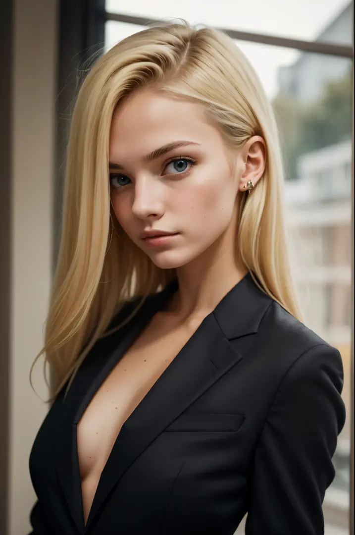 portrait of european girl,solo,20yo,beautiful face,uppser body,hair over one eye,medium sidecut, blonde hair, sharp focus,black ...