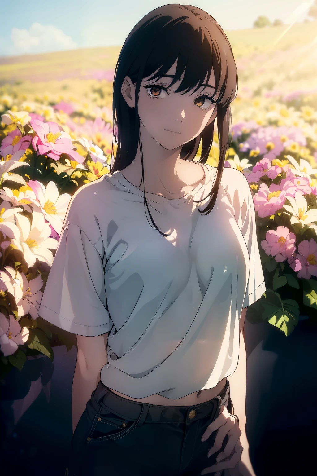 ((((Obra maestra, La mejor calidad, ultrahigh resolution)))), 1girl, standing, (baggy white t-shirt, loose fitting blue shorts, back hair, dark black hair over eye)), long hair cut, pale skin, ((brown eyes)), glowing_eyes, neon eyes, (ultra detailed eyes:0.7, beautiful and detailed face, detailed eyes:0.9), ((centered)), smile, ((wide shot)), facing viewer, (((vibrant background of outside, flowers, bright lighting, summer, sunlight))), flat chested, ((looking at viewer)), ((half closed eyes)), ((perfect hands)), ((head:1, hips, elbows, arms, in view)), empty eyes, beautiful lighting, defined subject, 25 years old, ((cool looking)),