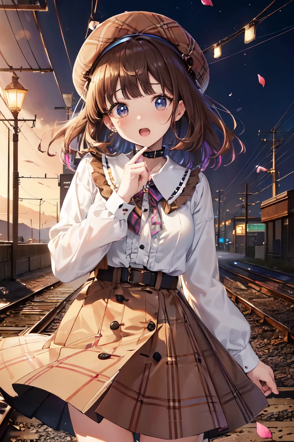 （in 8K, Best Quality, masutepiece:1.2)、超A high resolution, 1 16-year-old female,((petal collar shirt)),ultra-detailed face,deep detailed eyes,brown hair,blunt bangs,(donut hair)、burberry check beret,Burberry check tiered skirt,(iridescent light:1.4)、Detailed fingers、独奏,flabbergasted,open mouth,standing in the middle of the railroad tracks