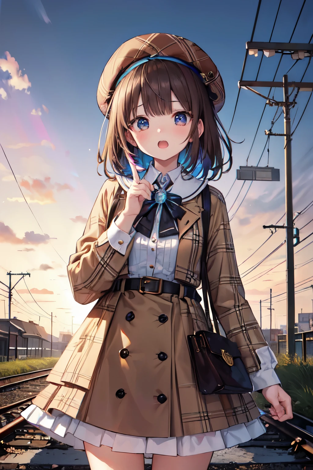 （in 8K, Best Quality, masutepiece:1.2)、超A high resolution, 1 16-year-old female,Detailed fingers,ultra-detailed face,deep detailed eyes,light brown hair,blunt bangs,shining hair,burberry check beret,(petal collar shirt),Burberry check tiered skirt,(iridescent light:1.4)、独奏,flabbergasted,open mouth,standing in the middle of the railroad tracks