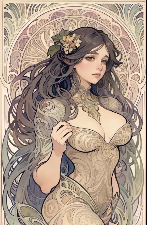((masterpiece)), (best quality), (cinematic),  art nouveau, (watercolor painting), the Goddess of Venus, large breasts, big eyes, long thick eyelashes, cleavage, full lips, long thick hair,  high ponytail, accessories, featuring intricate designs and patte...