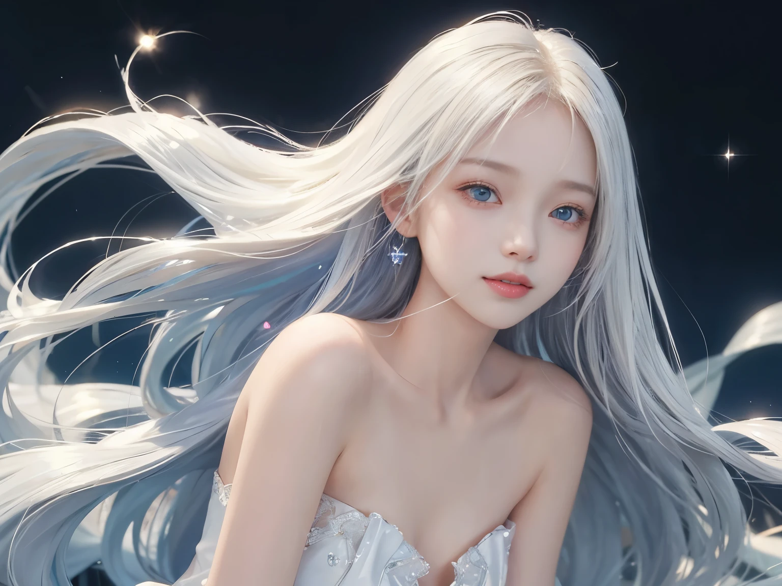 1 girl、portlate、blue-sky、Bright and very beautiful face、smil、young, shiny white shiny skin、Best look rondo hair with dazzling light reflections Beautiful platinum blonde super long silky straight hair gloss、Very beautiful 17 year old with long bangs、Beautiful, lovely, Beautiful girl with shining clear eyes、Smiled、Gentle、