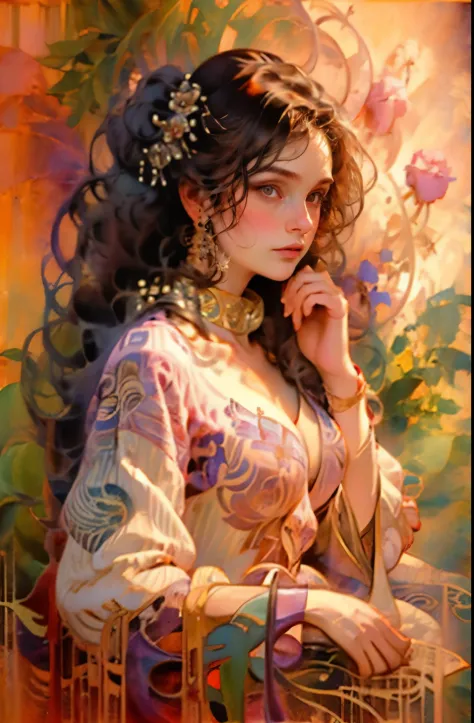 ((masterpiece)), (best quality), (cinematic),  art nouveau, (watercolor painting), Goddess of Cats, large breasts, big eyes, lon...