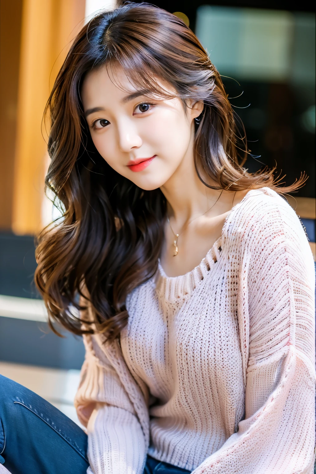 Loose wavy hair like a Korean idol、Long、simple background、casual long sleeve clothes、Top image quality