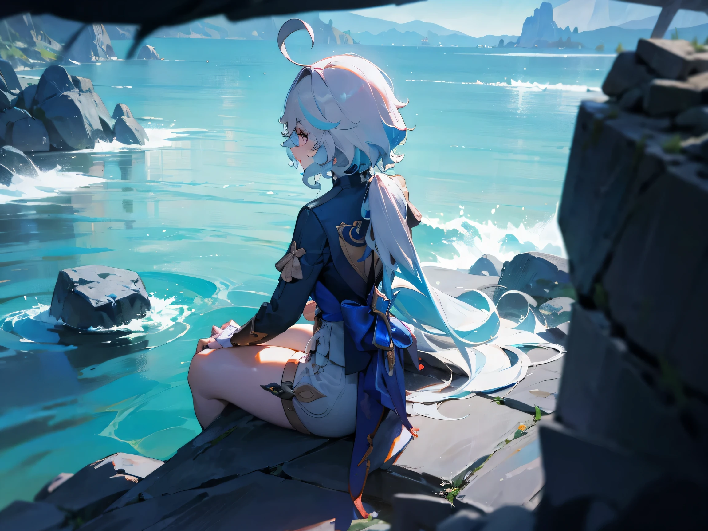 [Game 1.5], [Genshin Impact 1.5], [Ningguang Hao. 1.5], multiple sclerosis. geology, china idol, yellow hair and white hair, Elegant and beautiful, sitting on a rock, rock power, geographical perspective, Elegant