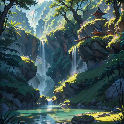 Chinese ancient times, spring, jungle, lake, cave, waterfall, tree, meadow, rock, deer, hot spring, water vapor, (illustration: 1.0), epic composition, realistic lighting, HD details, masterpiece, best quality, (very detailed CG unified 8k wallpaper) --v 6