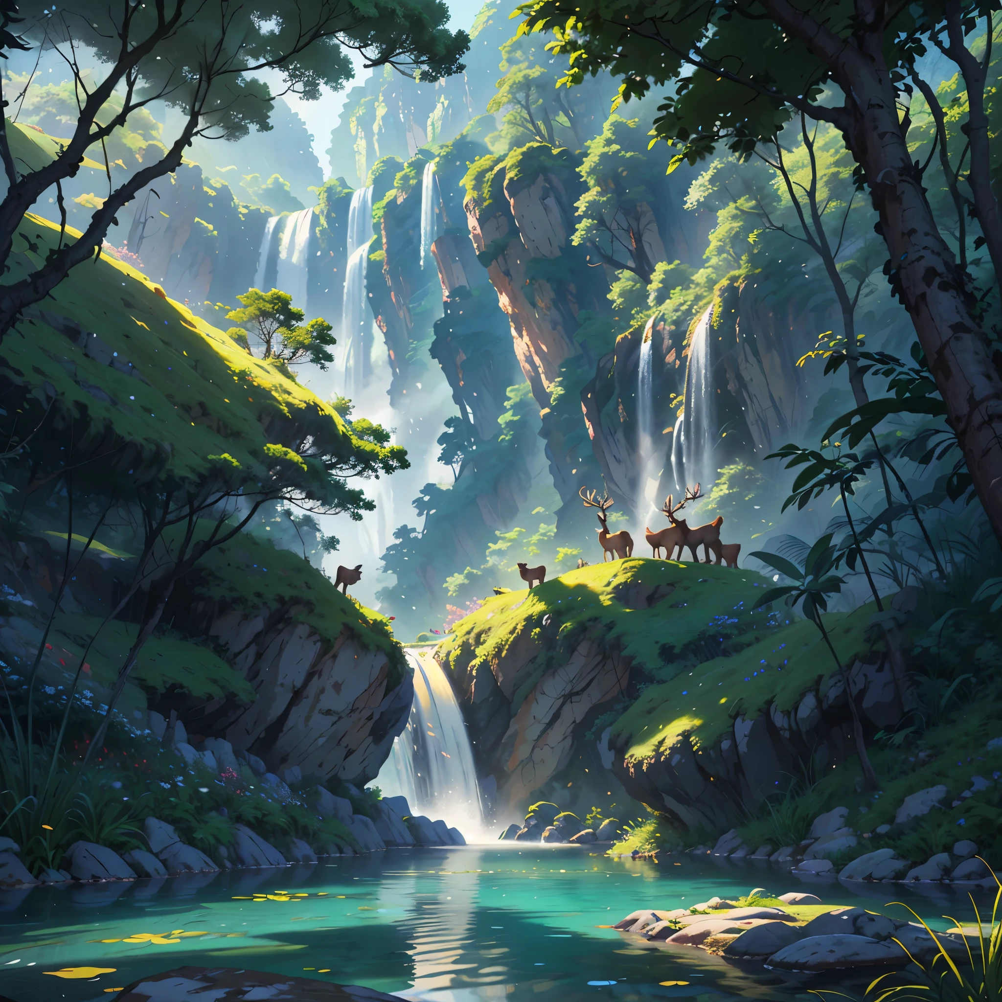 Китайские древние времена, весна, джунгли, озеро, пещера, водопад, дерево, луг, камень, олень, hot весна, водяной пар, (Иллюстрация: 1.0), эпическая композиция, Реалистичное освещение, HD-подробности, шедевр, Лучшее качество, (Очень подробные обои CG унифицированные 8k) --в 6