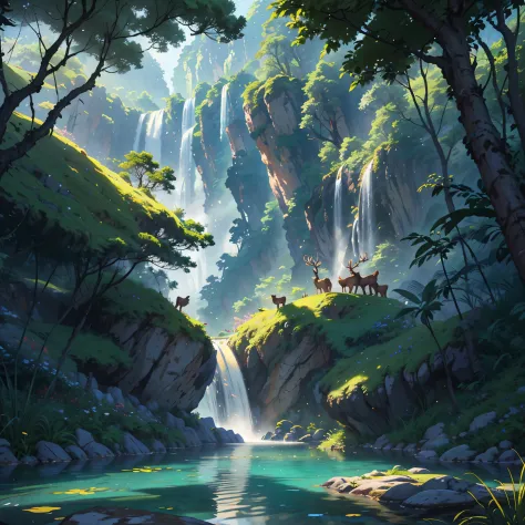 Chinese ancient times, spring, jungle, lake, cave, waterfall, tree, meadow, rock, deer, hot spring, water vapor, (illustration: 1.0), epic composition, realistic lighting, HD details, masterpiece, best quality, (very detailed CG unified 8k wallpaper) --v 6