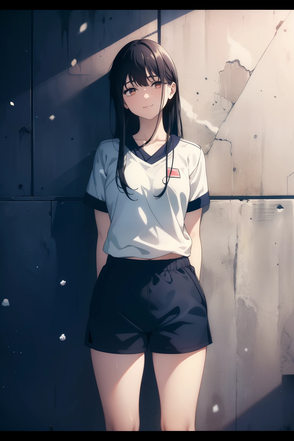 ((Obra maestra, La mejor calidad, ultrahigh resolution)), (((a girl in a Japanese gym uniform, blue Japanese ladies gym shorts, standing confidently, weilding a tennsis racket))), (((black hair, dark black hair))), long hair cut, pale skin, ((brown eyes)), glowing_eyes, neon eyes, (ultra detailed eyes:0.7, beautiful and detailed face, detailed eyes:0.9), ((centered)), ((cute smile, pretty)), ((wide shot)), facing viewer, eye level, ((vibrant background, snowy landscape, cityscape, snowing, snow)), flat chested, looking at viewer, ((half closed eyes)), ((perfect hands)), (((head:1, arms, hips, elbows, in view))), ((hands behind back)), empty eyes, beautiful lighting, outside, outdoors, background, defined subject, 18 years old, (head tilt)