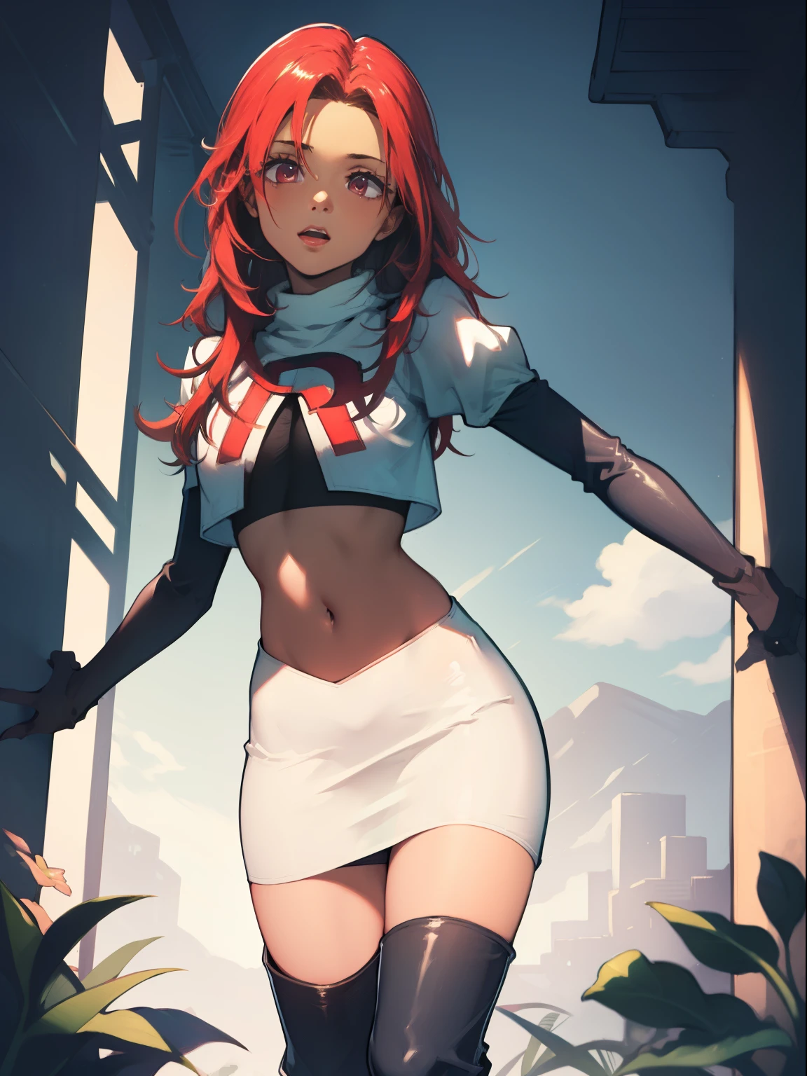 defHapi, team rocket, team rocket uniform, red letter R, white skirt, white crop top, black thigh-high boots, black elbow gloves, looking at viewer,