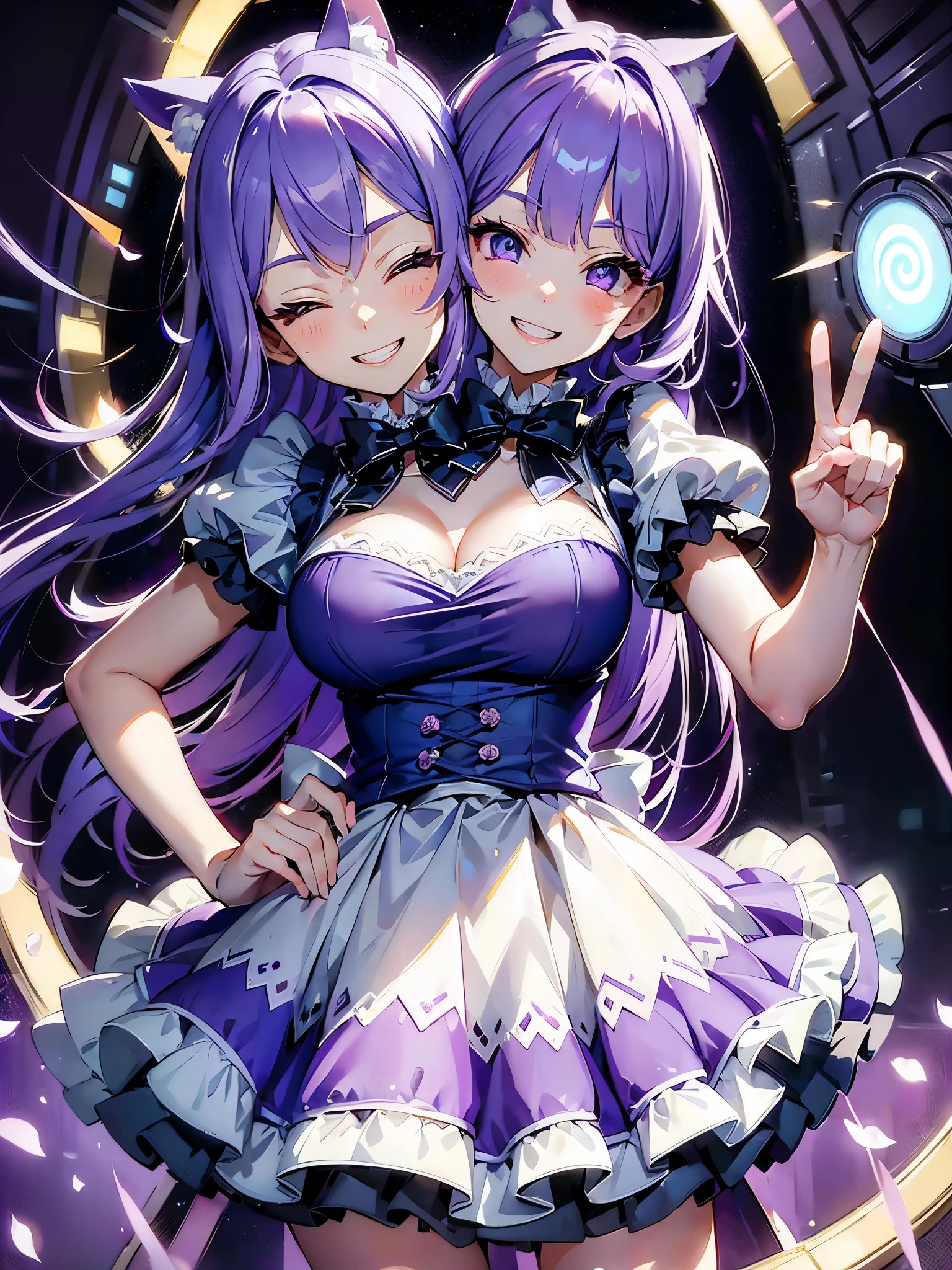 (masterpiece, best quality), best resolution, (2heads:1.5), 1girl, catgirl, lavender hair, lavender eyes, right head has right eye open and left eye closed, left head has left eye open and right eye closed, smile, happy, grin, playful, peace sign with one hand, blue maid outfit, mansion gateway