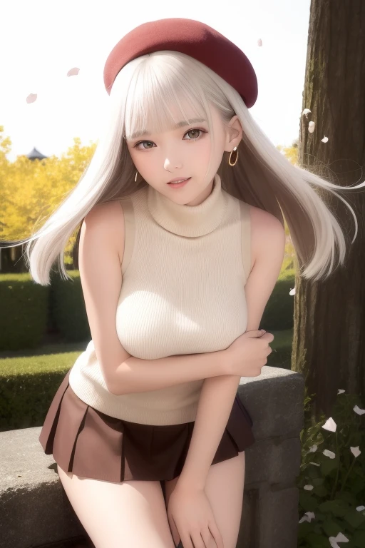 (Short flowy haircut) ,(((chestnut brown eye colour))), cute medium side bangs, (((white hair))), blooming cherry tree at the center of the background, ultra detailed, young Japanese woman , wearing simple earrings and necklace, ((wearing thigh strap)), beautiful face, ((wearing a sleeveless turtleneck cotton sweater)), ((waist-high pleated skirt)), ((hair flowing beautifully in the wind)) , perfect smooth legs, (((knees pointing inwards))),  (((contrast rich rim lighting from both sides))) , ((very short red finger nail polish)), (laced up boots) , (realistic eyes) , (firm large sized breasts) , thick calves, correct anatomy, tony taka art style, (cherry petals flying in the air by a soft breeze),ultra wide angle view, ((cinematic depth of field)), bokeh particles, (((crossed arms))), (cute smiling face), (((leaning forwards))), wearing a cute beret with a cute bow, soft lips, perfect teeth