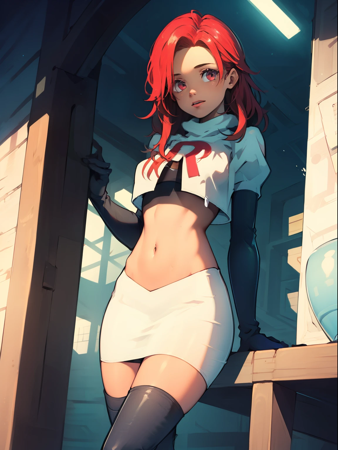 defHapi, team rocket, team rocket uniform, red letter R, white skirt, white crop top, black thigh-high boots, black elbow gloves, looking at viewer,