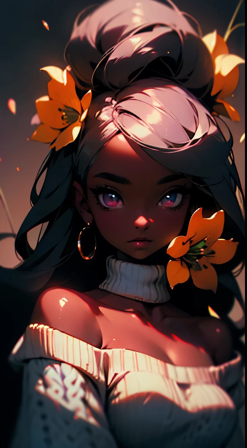 Upper body shot, ((beautiful black woman with flawless dark skin)), long hair with bright gradient glow under hair, clearly defined facial features, big detailed eyes, ((( wearing an off the shoulder sweater))) glowing flowers in the background, masterpiece, best high quality image,96k, uhd, depth of field, 1080P wallpaper, spotlight, character focus, high quality, insanely detailed, UHD picture quality in the style of Amy Sol