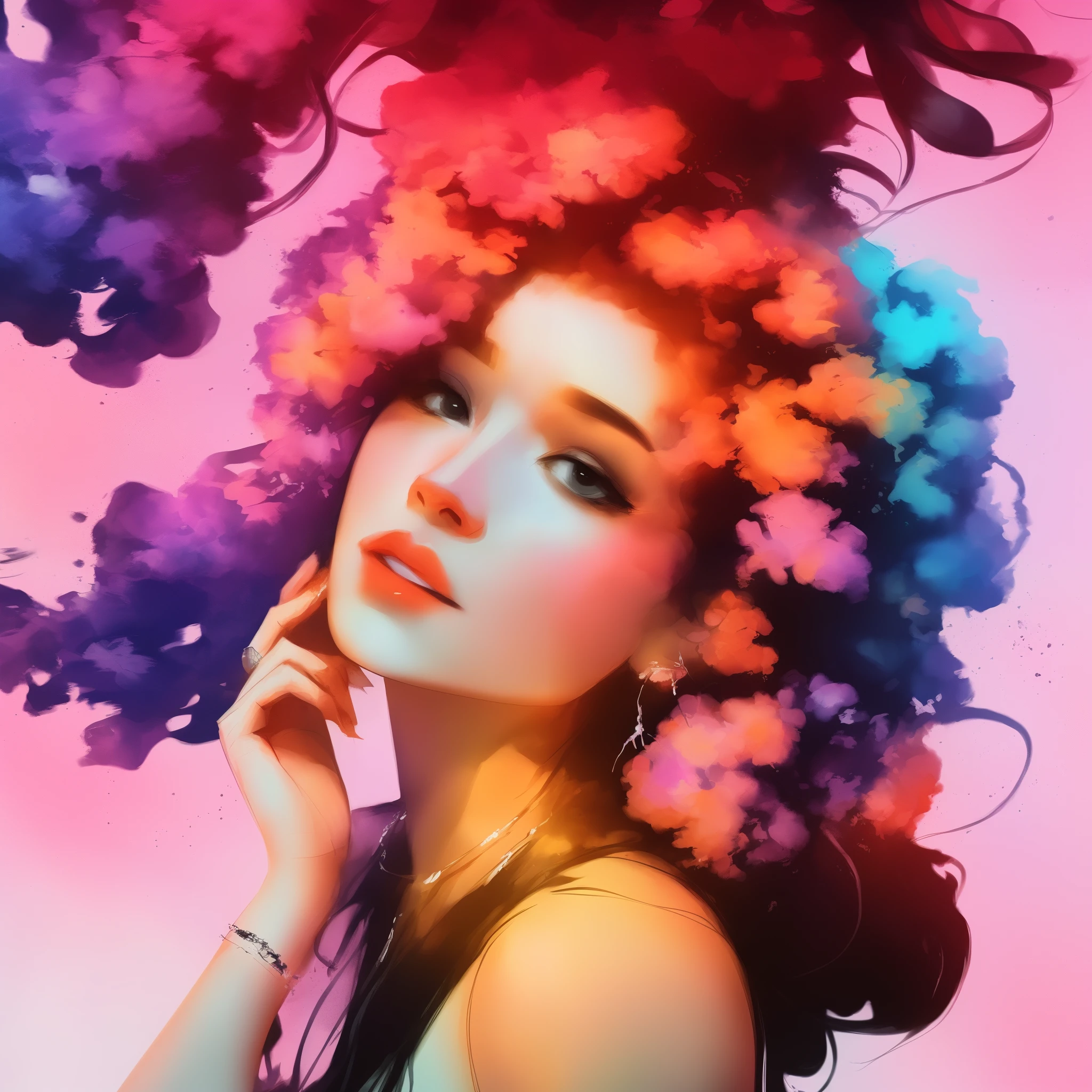 A woman with a flowered hair and a pink background - SeaArt AI