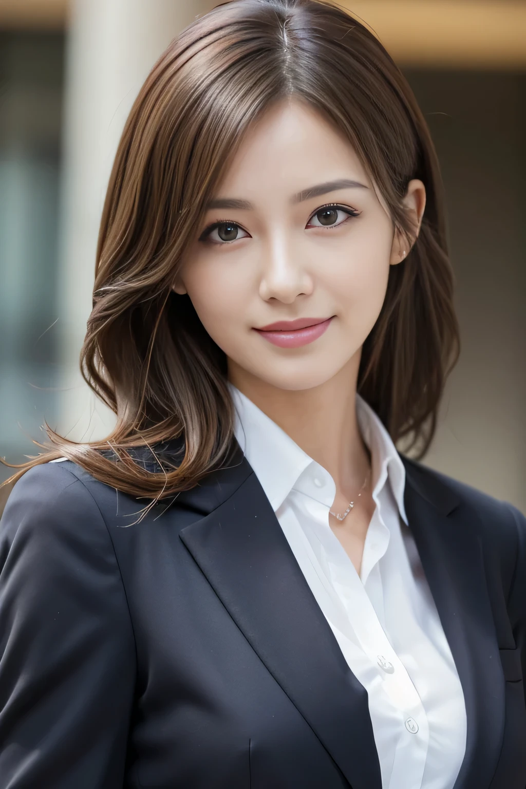 masutepiece, Best Quality, Photorealistic, Ultra-detailed, finely detail, High resolution, 8K Wallpaper, 1 beautiful woman,, light brown messy hair, in a business suit, foco nítido, Perfect dynamic composition, Beautiful detailed eyes, detailed hairs, Detailed realistic skin texture, Smiling, Close-up portrait, Model body type