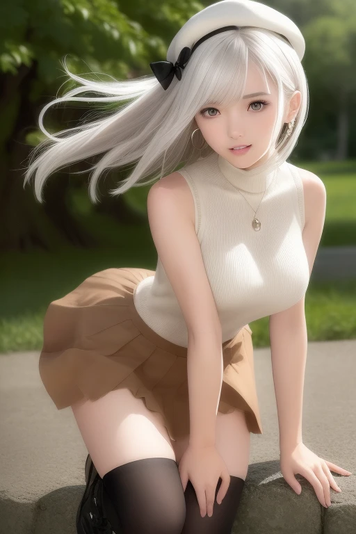 (Short flowy haircut) ,(((chestnut brown eye colour))), cute medium side bangs, (((white hair))), blooming cherry tree at the center of the background, ultra detailed, young Japanese woman , wearing simple earrings and necklace, ((wearing thigh strap)), beautiful face, ((wearing a black sleeveless turtleneck cotton sweater)), ((waist-high pleated skirt)), ((hair flowing beautifully in the wind)) , perfect smooth legs, (((knees pointing inwards))),  (((contrast rich rim lighting from both sides))) , ((very short red finger nail polish)), (laced up boots) , (realistic eyes) , (firm large sized breasts) , thick calves, correct anatomy, tony taka art style, (cherry petals flying in the air by a soft breeze),ultra wide angle view, ((cinematic depth of field)), bokeh particles, (((crossed arms))), (cute smiling face), (((leaning forwards))), wearing a cute beret with a cute bow, soft lips, perfect teeth, hands on chest