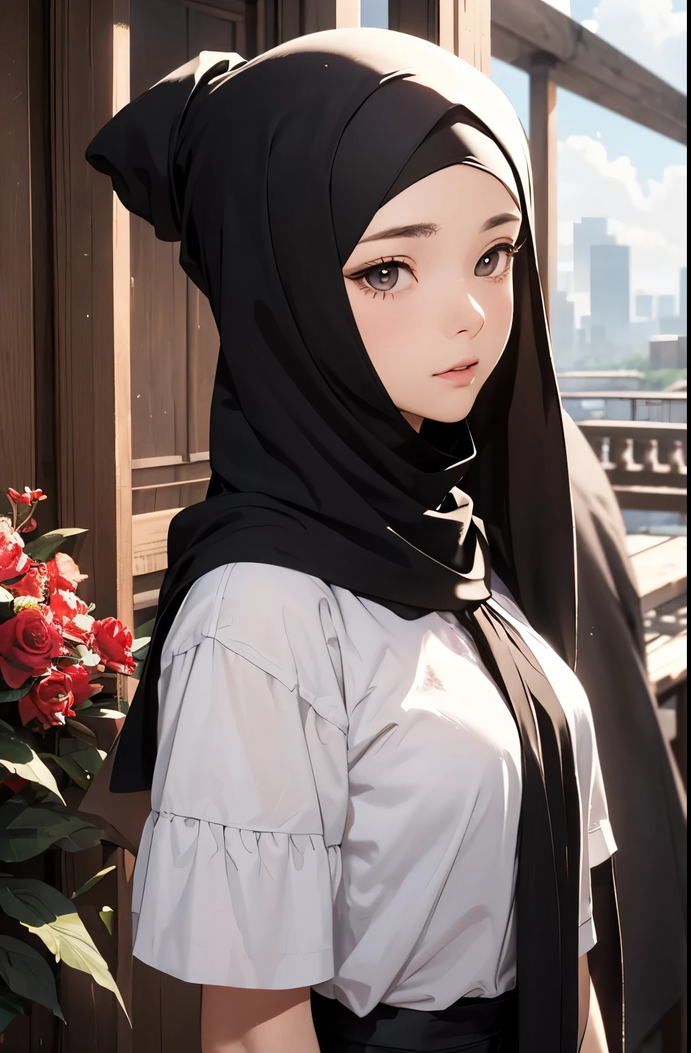 (Close-up of the painting style，Ultra HD 8K，Masterpiece grade CG wallpaper)，Cinematic lighting，cute girly，Delicate and beautiful face，Dreamy pupils，Wearing a small floral blouse，bound waist,hijabi,Bust poem,Sit，Cloudy background,the trees,florals,夏天,Chinese style buildings。