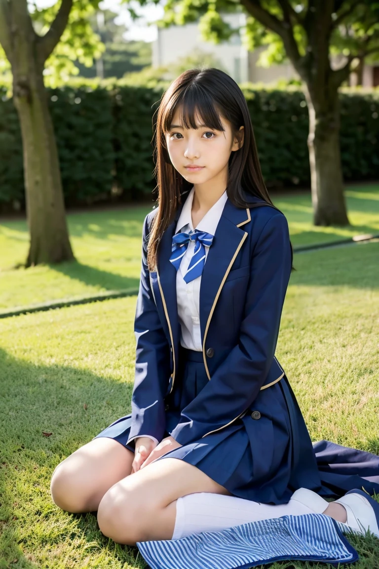 lawn、((Two beautiful Japan girls))、Two beautiful girls、Cute same school uniform、Same dark blue blazer uniform、15yo student、Wistful expression、A dark-haired、With bangs、Tall、Straight semi-long hair、((Long skirt to hide the knees))、((Navy long skirt below knee length))、evening、the wind、Thin leg、Standing、put strength into your body、Short Bob、