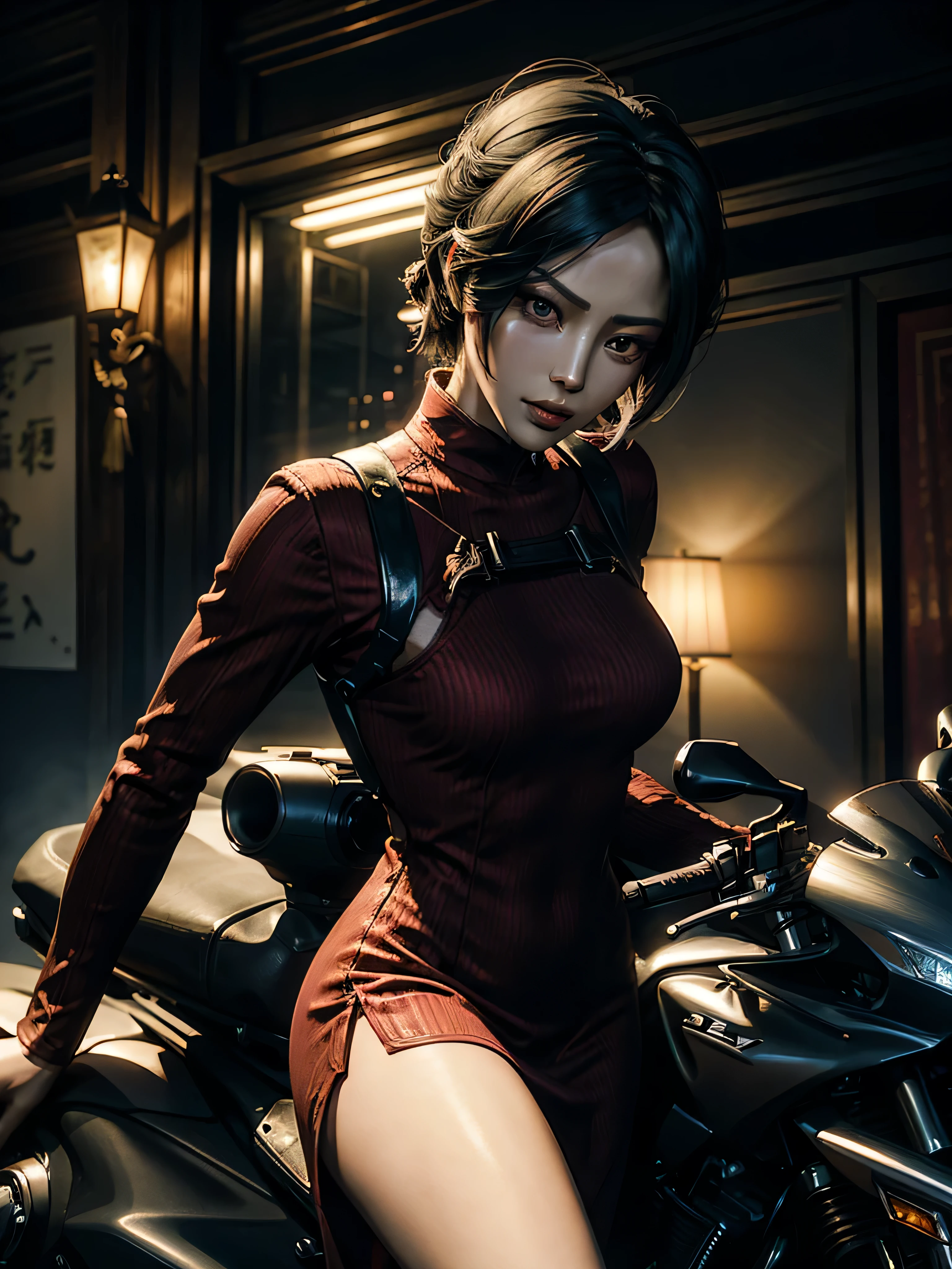 Arti modern anime. angled view, heroic pose, face closeup portrait of stunningly beautiful (Ada Wong from Resident Evil:1.2) heroic brave lady, slim body, (highly ornamented and detailed red silk qipao long dress:1.2), red high heels, depth of field blur effect, night, full zoom, action portrait, photorealistic. cinematic lighting, highly detailed. best quality, 4k, Better hand, perfect anatomy, foreshortening effects, coy flirty sexy focused expression, Chinese, (on a motorbike:1.3) (white interior clinical:1.2) (alone:2) (dark night time:1.5) (one head:2) (one person:2) (secret agent:1.5) (random action pose:1.2) (staring forward:1.5)