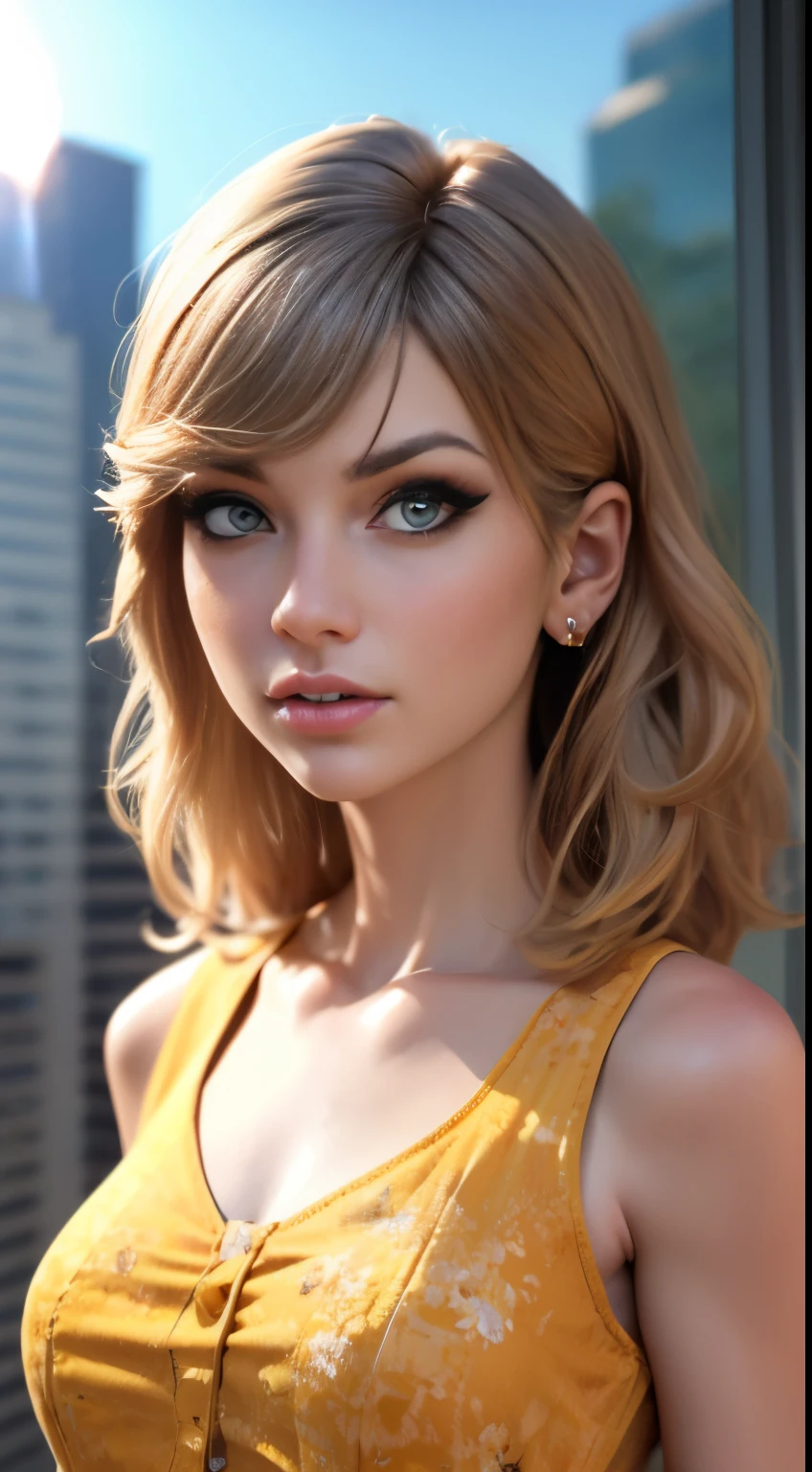 foto de Taylor swift, CRUDO, Mujer hermosa, ((Retrato)), ((detallado face:1.2)), ((detallado facial feature, detallado skin, Piel clara), (cuerpo perfectamente proporcionado, pechos medianos), (usando un vestido de sol) (high detallado city environment, balcón del apartamento), (foto realista, mejor calidad, detallado), (fondo de pantalla 8k), (iluminación cinematográfica, iluminación dramática) (enfoque nítido, Intrincado)