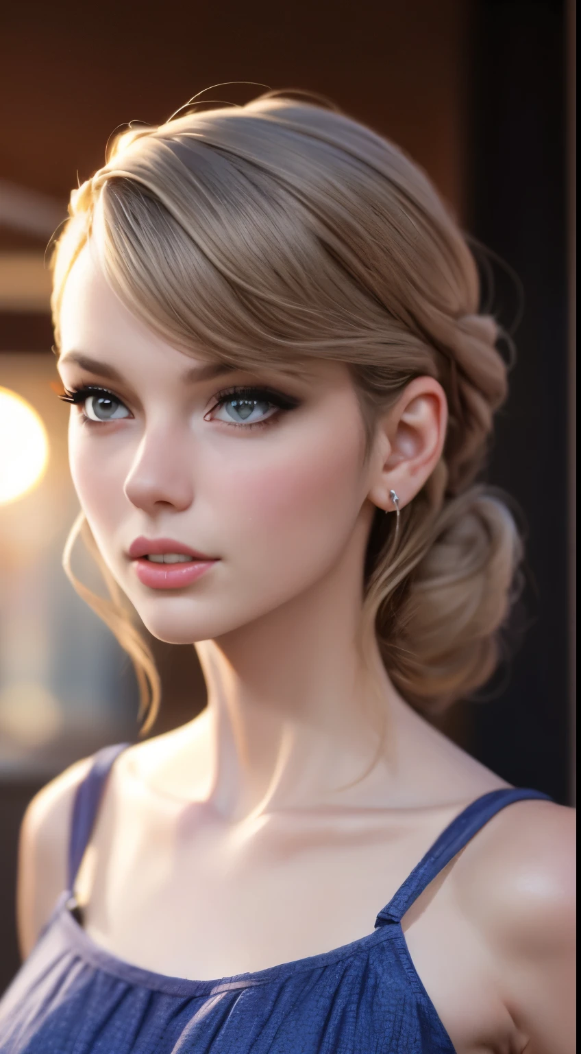 foto de Taylor Swift, CRU, Mulher bonita, ((Retrato)), ((detalhado face:1.2)), ((detalhado facial feature, detalhado skin, pele limpa), (corpo de proporções perfeitas, seios pequenos), (usando um vestido de sol) (high detalhado city environment, varanda do apartamento), (foto realista, melhor qualidade, detalhado), (Papel de parede 8k), (iluminação cinematográfica, iluminação dramática) (foco nitído, Intrincado)