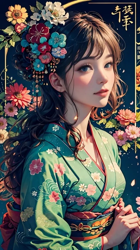 8k, top-quality, hight resolution, bishoujo 1 25 years old,  flower steamed buns,a slight smil, (traditional japanese kimono:1.3...