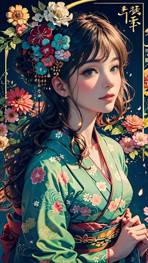 8K, top-quality, hight resolution, Bishoujo 1 25 years old,  Flower steamed buns,A slight smil, (traditional Japanese kimono:1.3...