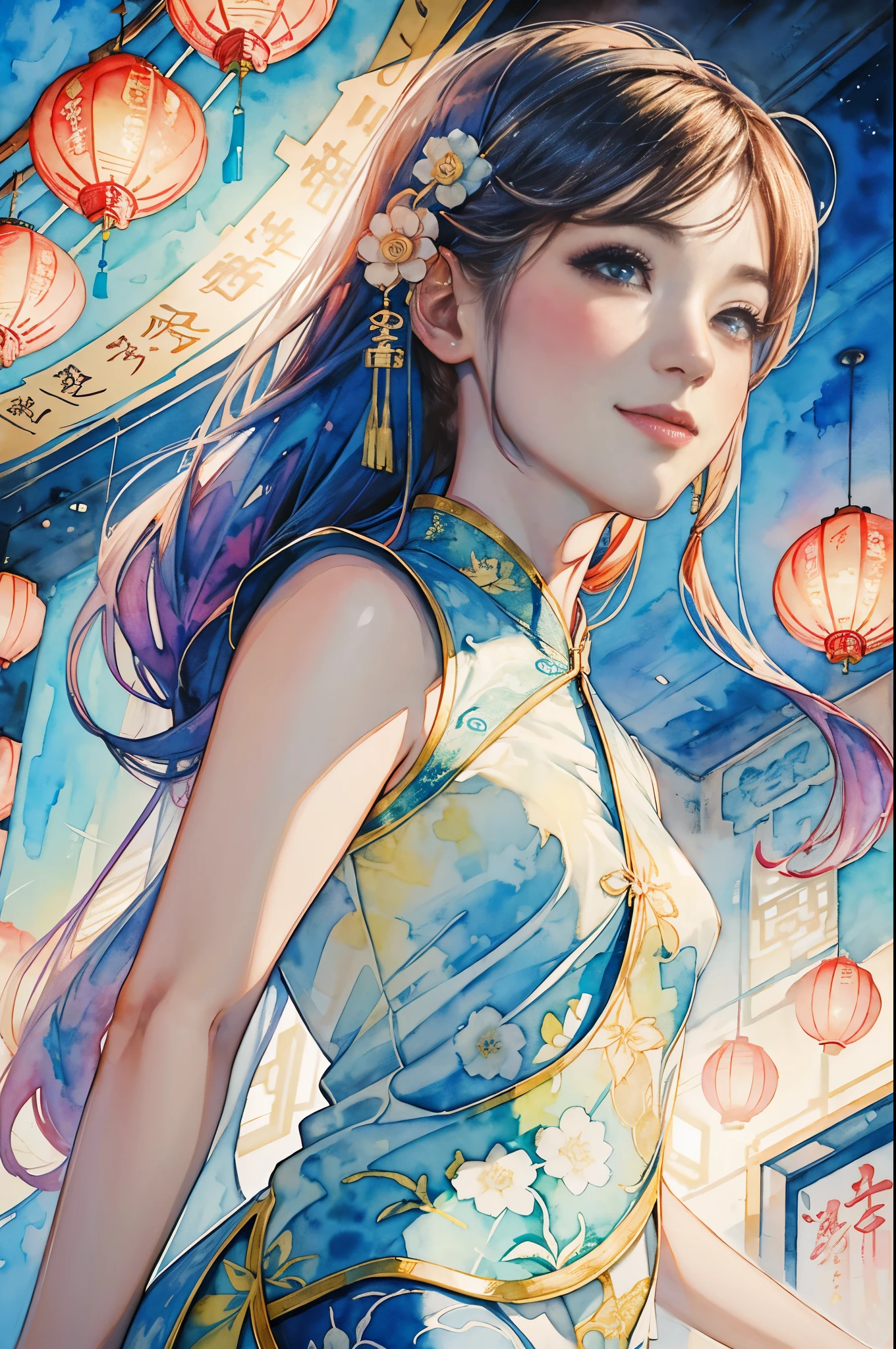 8K,​masterpiece,top-quality, (From below:1.6) ,Dynamic Pose,30-year-old woman with,Portrait, light, Long hair, ssmile, watercolor paitingium\),watercolor paiting,(Cheongsam that adheres to the body:1.3)