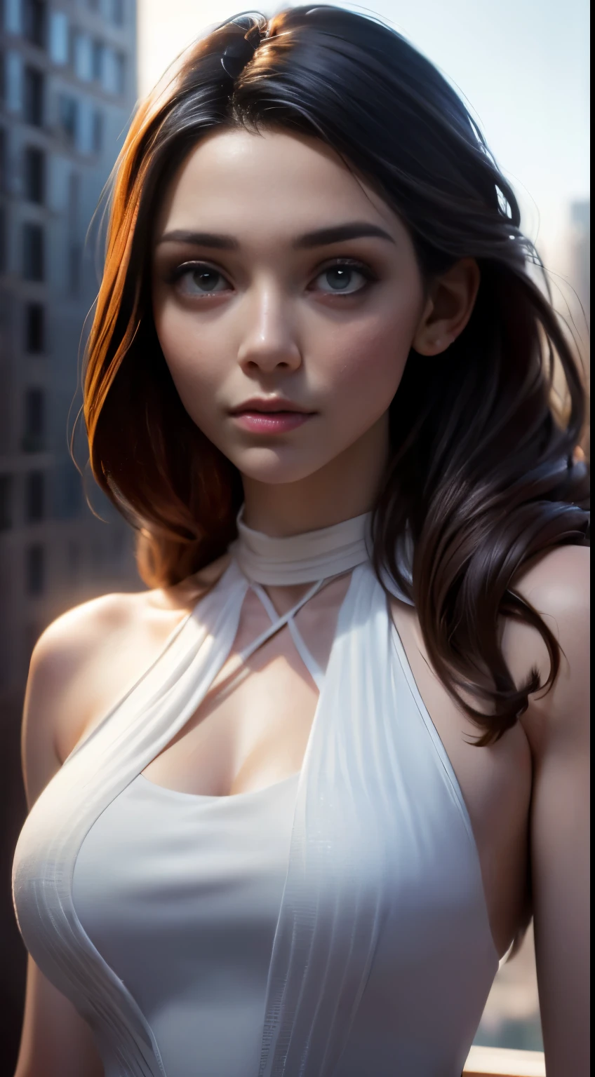 photo of Elizabeth Olsen, RAW, beautiful woman, ((portrait)), ((detailed face:1.2)), ((detailed facial feature, detailed skin, clear skin), (perfect proportioned body, normal size breasts), (wearing a halter dress) (high detailed city environment, apartment balcony), (realistic photo, best quality, detailed), (8k wallpaper), (cinematic lighting, dramatic lighting) (sharp focus, intricate)