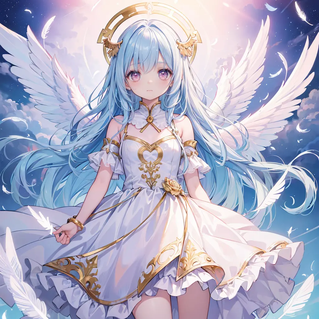 (((masterpiece, high quality))), expressive eyes, 1girl, angel girl, (((wings))), pink eyes, (gold and white feathers), celestia...