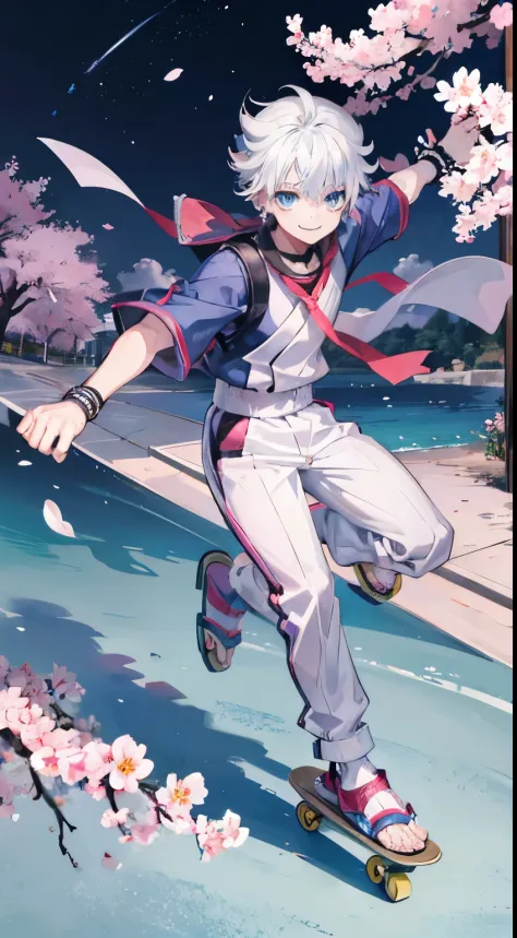 killua zoldyck anime character, with white hair, blue eyes, riding a skateboard, with a happy smile and wearing a hat, is in a cherry blossom garden
