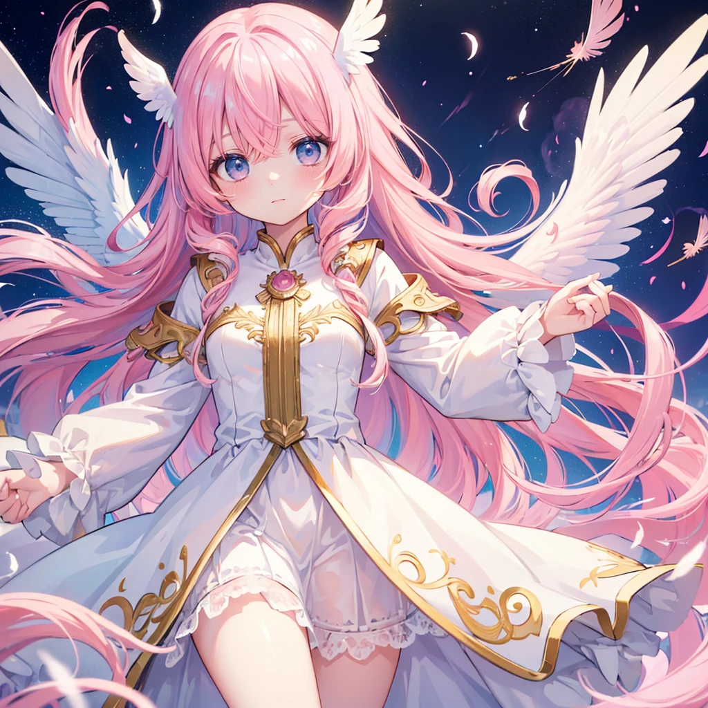 (((masterpiece, high quality))), expressive eyes, 1girl, angel girl, (((wings))), light blue eyes, (gold and white feathers), celestial, demonic realm background, (((pink hair))), ((very long curly hair)), angelic dress