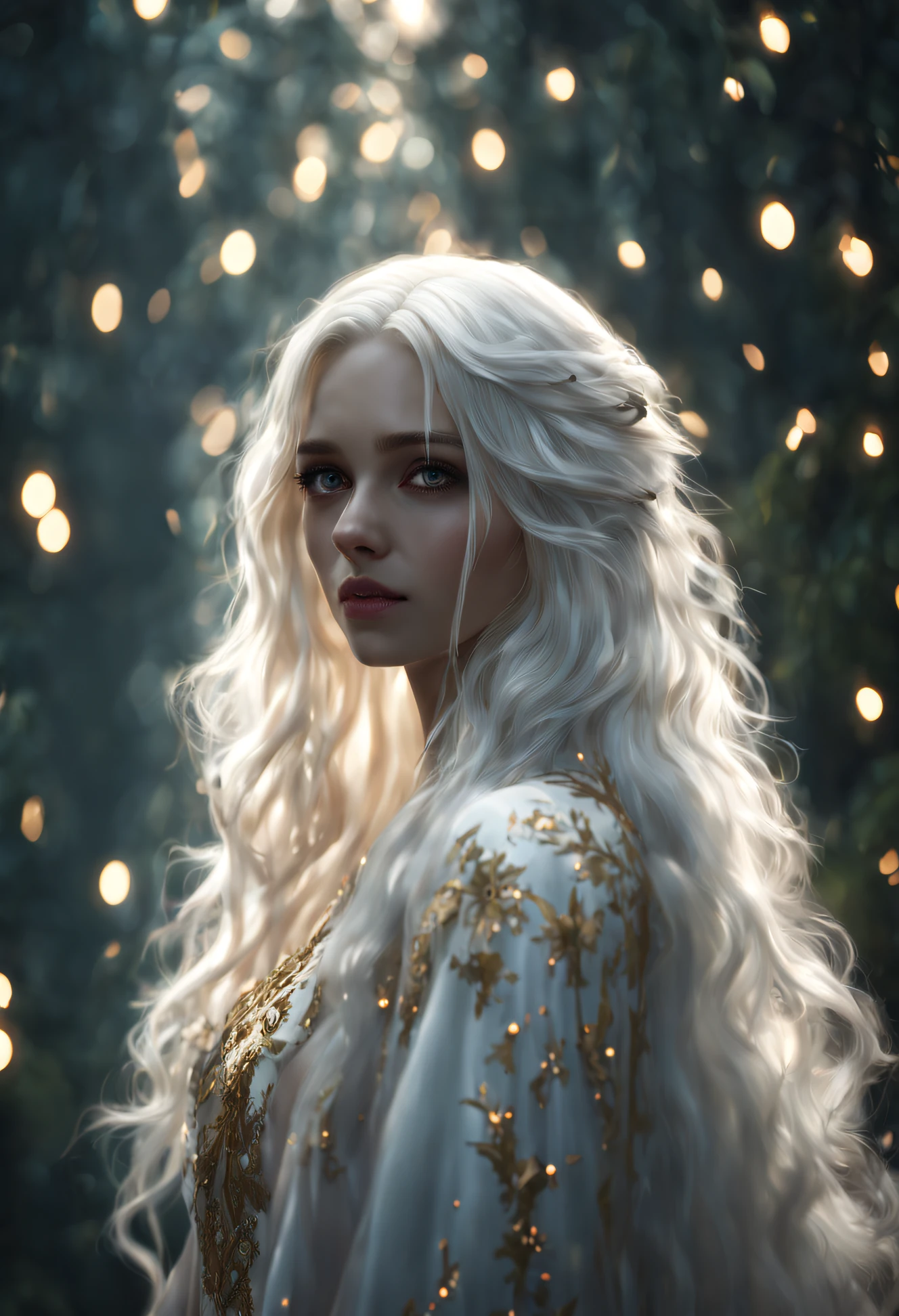 Girl with long hair and white hair, Fair skin, and red eyes, In the forest of movie lights, Dark and low light. She wore a white dress with gold accents, her eyes focused, looking at viewert. Her skin is fair, Her face is exquisite and flawless, tmasterpiece, Art of the highest quality. This image is an extremely detailed 8K CG wallpaper, Featuring art film lighting and film tones as well as neutral filters.