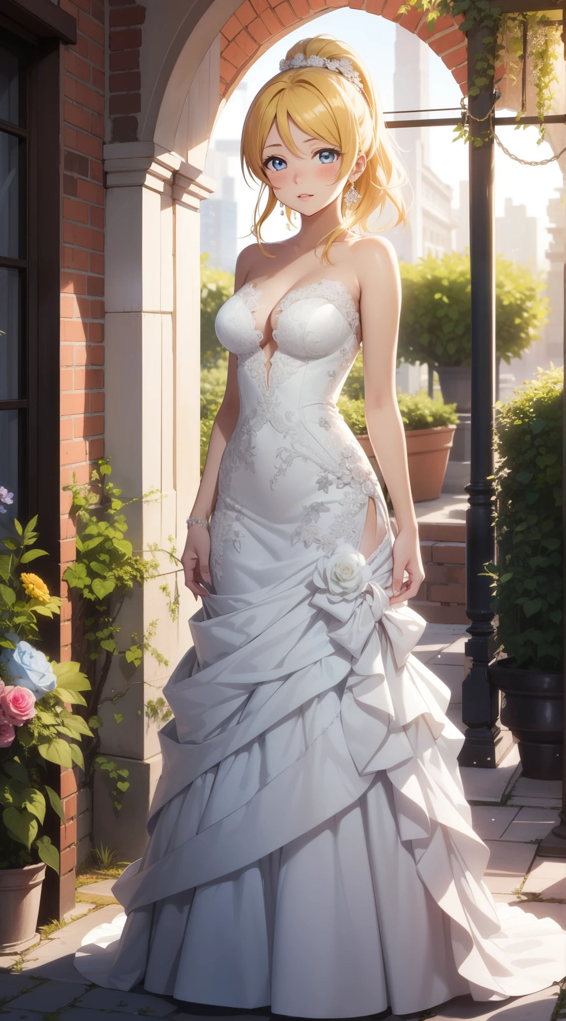 eliayase, eli ayase, yellow hair, blue eyes, ponytail, hair ribbon, masterpiece, best quality, high resolution, unity 8k wallpaper, illustration, beautiful detailed eyes, blush, glossy lips, lips parted, perfect lighting, extremely detailed CG, perfect anatomy, wedding dress, garden, (full body)