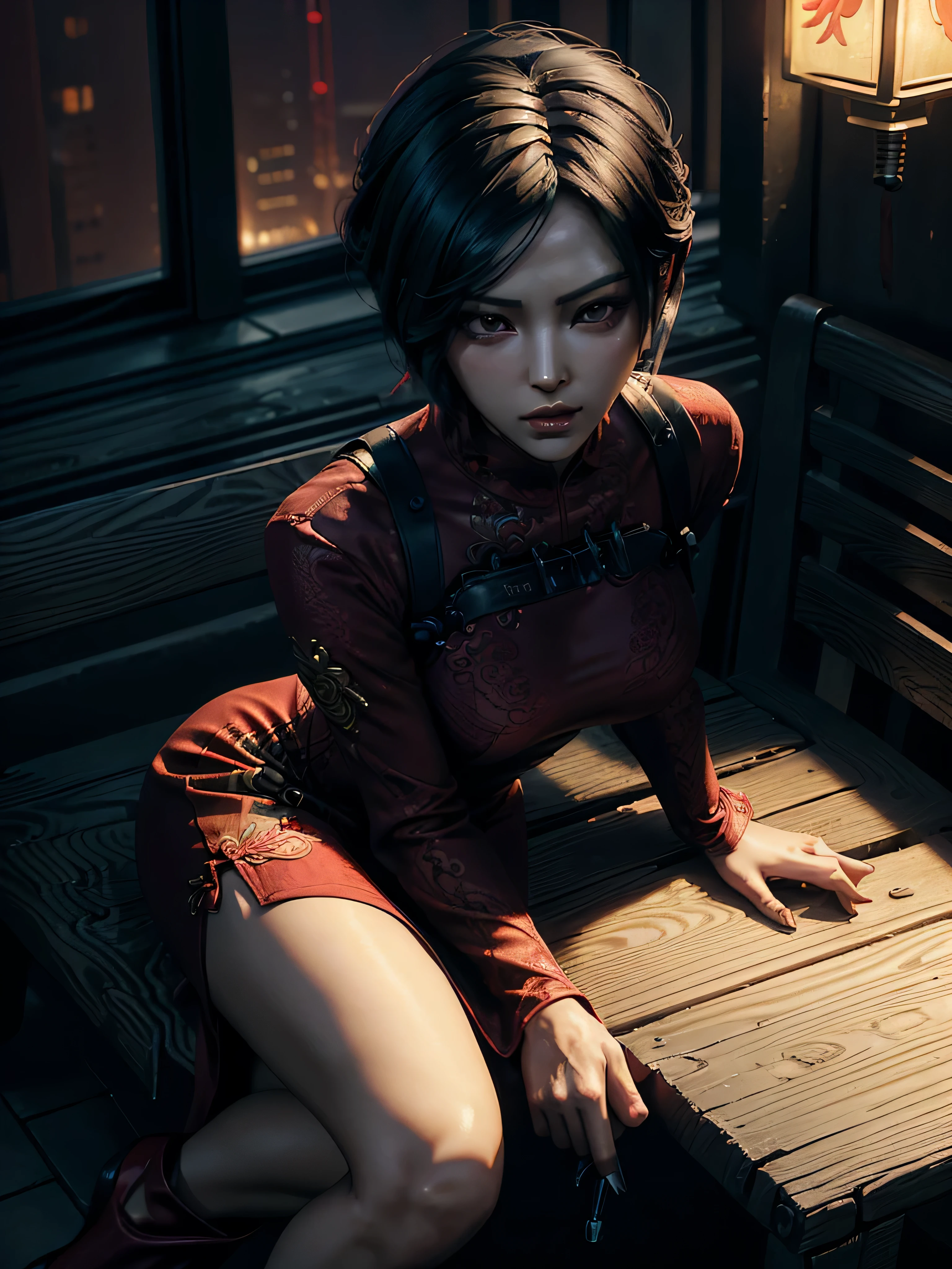 Arti modern anime. angled view, heroic pose, face closeup portrait of stunningly beautiful (Ada Wong from Resident Evil:1.2) heroic brave lady, slim body, (highly ornamented and detailed red silk qipao long dress:1.2), red high heels, depth of field blur effect, night, full zoom, action portrait, photorealistic. cinematic lighting, highly detailed. best quality, 4k, Better hand, perfect anatomy, foreshortening effects, coy flirty sexy focused expression, Chinese, (leaning on a bench:1.3) (cleavage:1) (city:1) (neon lights:1.2) (white interior clinical:1.2) (alone:1) (dark night time:1.5) (one head:2) (one person:2) (secret agent:1.5) (random action pose:1.2) (staring forward:1.5) sexy (solo:1.5) (by herself:1)