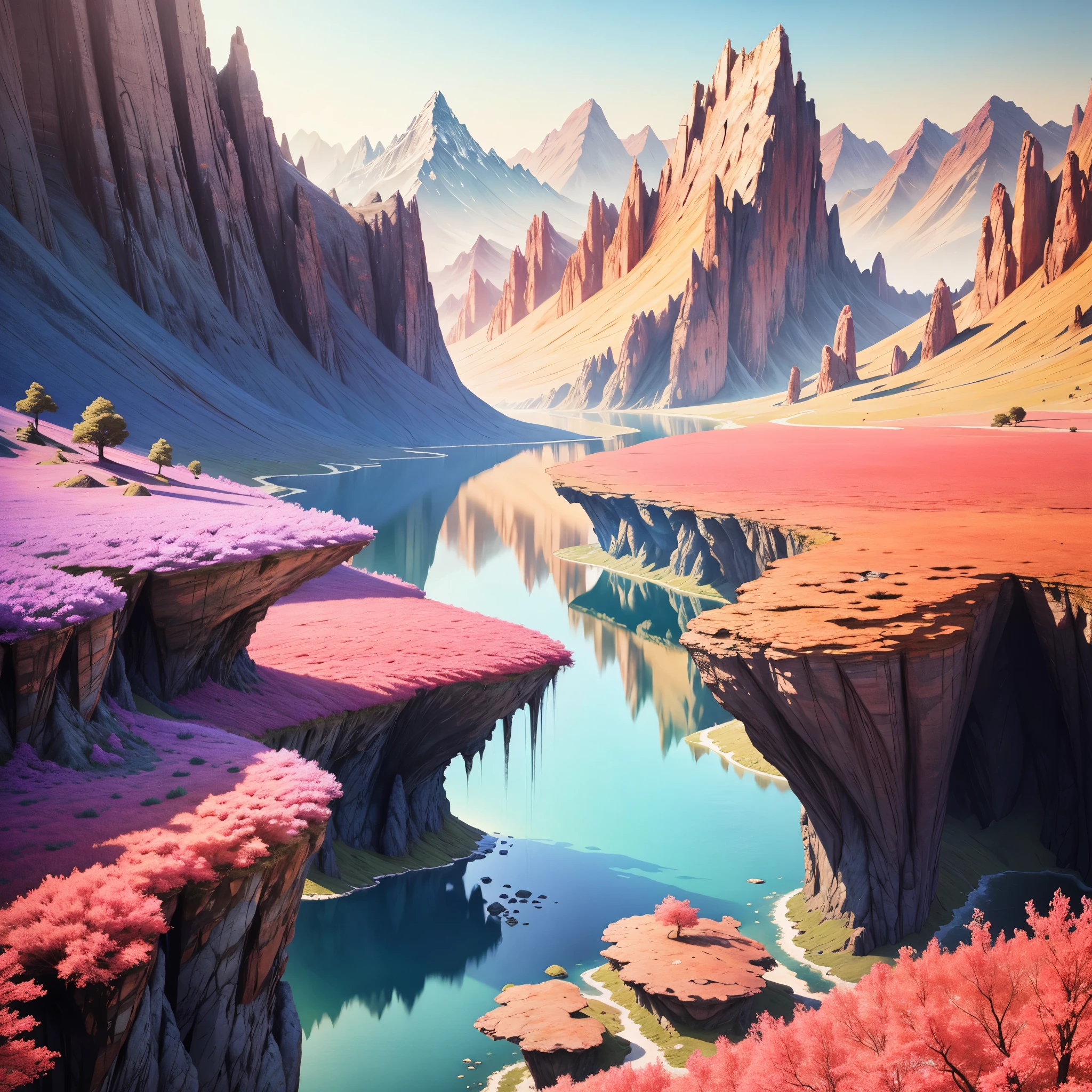 arafed landscape with a lake and a mountain with a intense blue cosmic, a surreal dream landscape, neat line definition, detailed vegetation, surreal landscape, in a surreal dream landscape, 4k highly detailed digital art, impressive fantasy landscape, beautiful alien landscape, beautiful render of a landscape, marc adamus, ethereal landscape, amazing landscape, stunning alien landscape, surreal dream landscape, amazing alien landscape