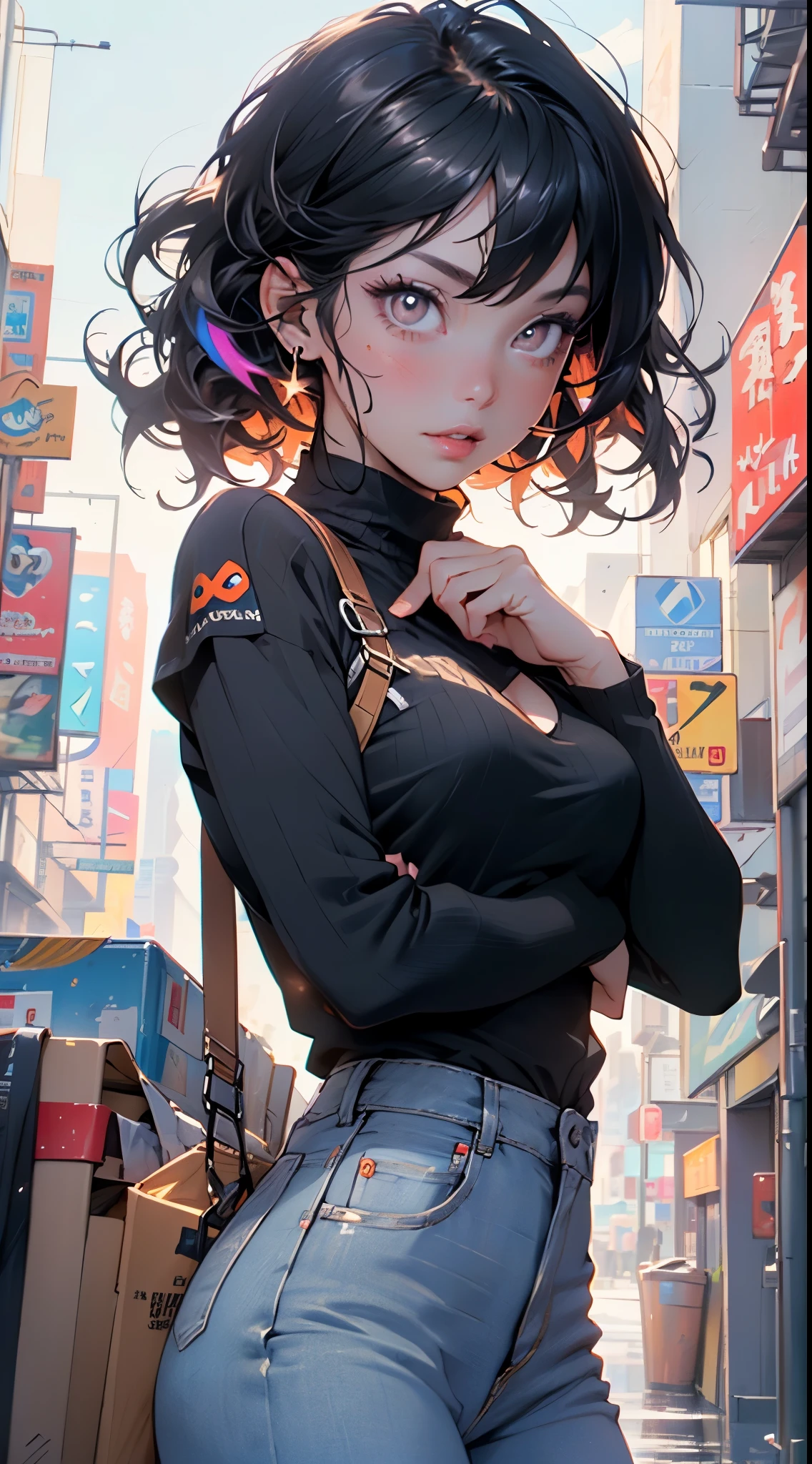 girl spacepunk,(((1girl))),((extremely cute and beautiful black curly-haired anime girl walking down the street)),

(short breasts:1.4),(((black curly hair:1.35,very curly hair,colored inner hair,ear breathing))),((brown eyes:1.3,upturned eyes:1.3,perfect eyes,bright pupils,rainbow glows ultra-detailed deep gold brown eyes:1.1,gradient eyes:1,finely detailed beautiful eyes:1,symmetrical eyes:1,big highlight on eyes:1.2)),((fat)),(((lustrous skin:1.5,bright skin: 1.5,skin tanned,shiny skin,very shiny skin,shiny body,plastic glitter skin,exaggerated shiny skin))),delicate detailed fingers,detailed body,detailed arms,human hands,detailed hands,),

cute,

(gray shirt with an orange squid print,blue denim pants),(intricate outfit,intricate clothes),

(dynamic pose:1.0),solo focus,embarrassed,centered,scale to fit dimensions,Rule of thirds,

cyberpunk city by the ocean at night, with bright neon signs and dark stormy clouds and puddles, scenery:1.25,nighttime, starry night, cosmos,Very dark night that makes the neon lights stand out, very bright neon lights,

artistic photography,(photography taken by sldr),highres, sharp focus,(ultra detailed, extremely detailed), (photorealistic artwork:1.37),(extremely detailed CG unity 8k wallpaper),((synthwave background theme)),(((vibrant colors))),intricate,(intricate background),(masterpiece),(best quality),perfect rendered face,perfect face details,realistic face,photo realistic,analog style,((intricate detail)),(((realism))),
